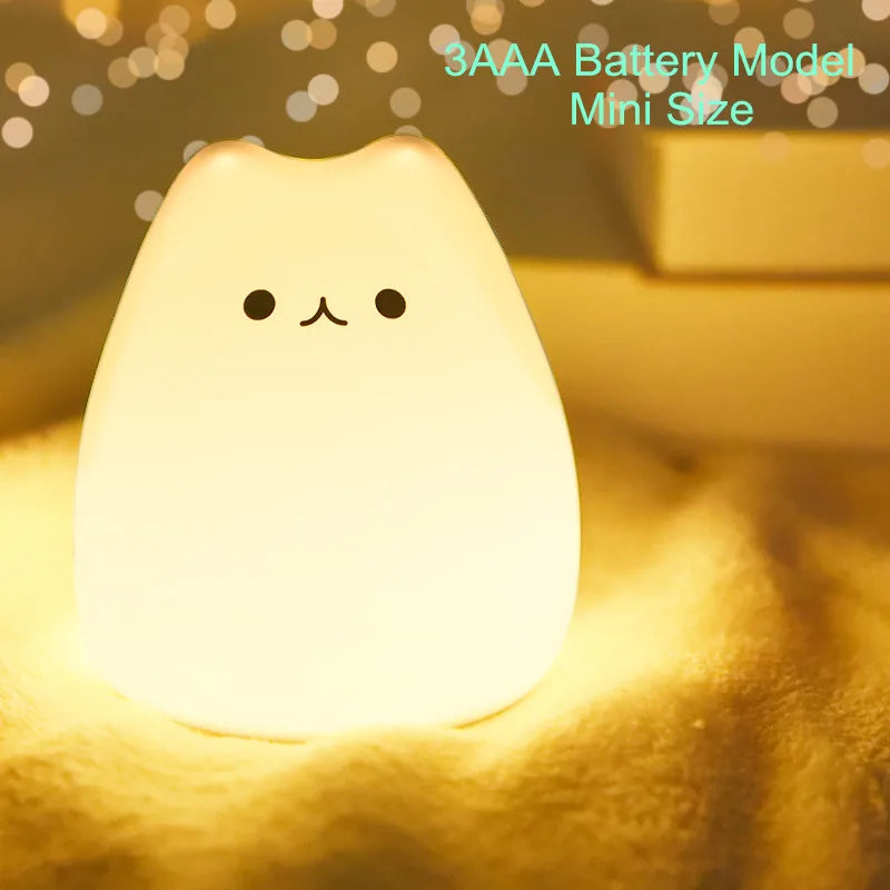 Mini Kawaii Popular Cat Baby Night Lamp 7-color Pat Touch Color-changing Eye Protection Bedroom Bedside Nightlight Gift Children